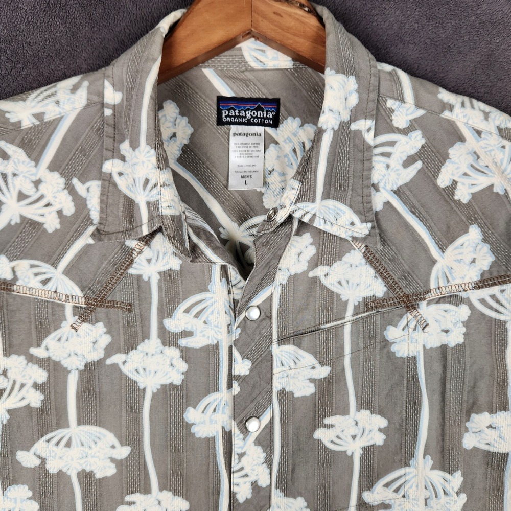 Vintage Patagonia Highball Snap Shirt Mens Large Gray Floral Rhythm Long Sleeve